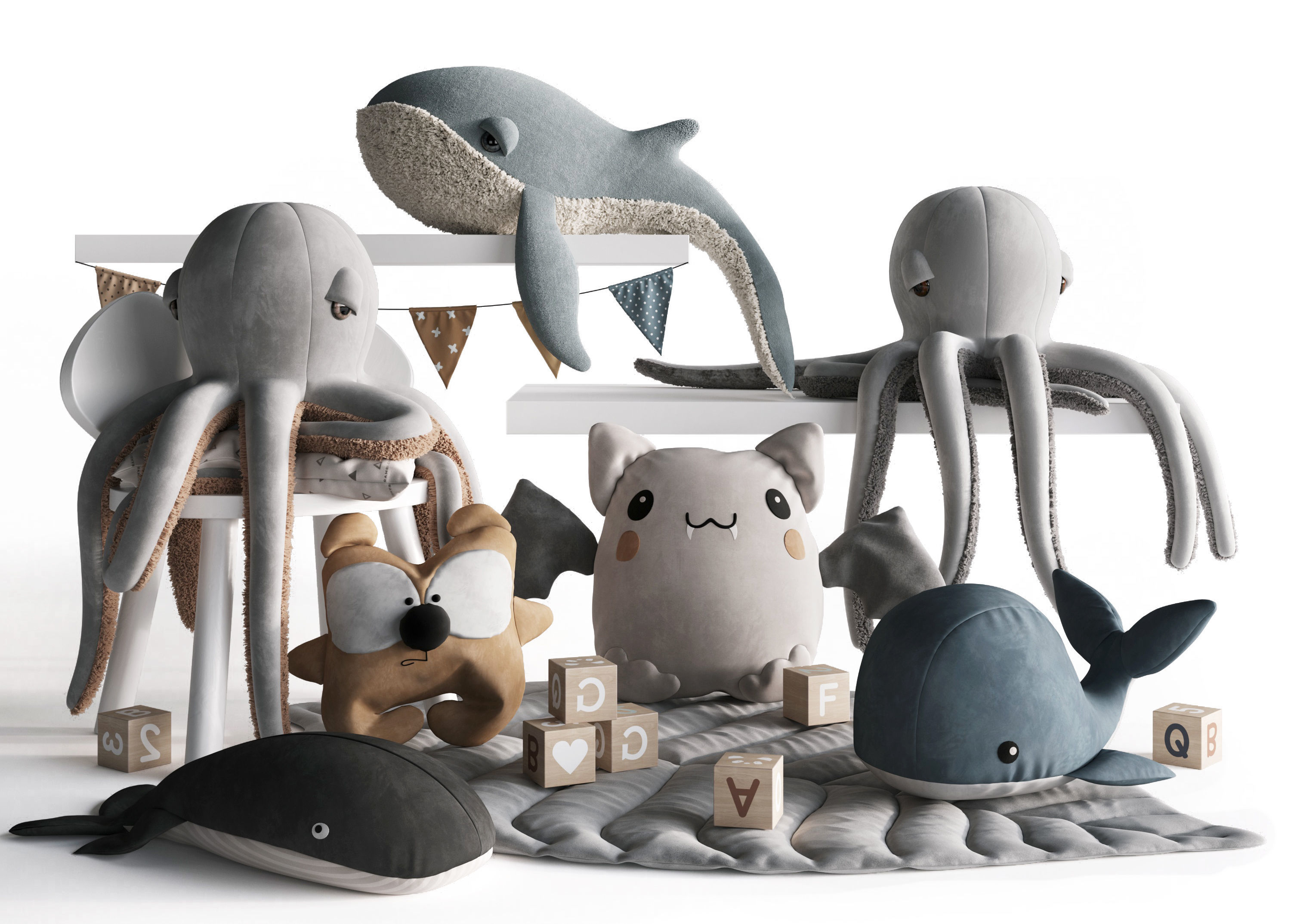 Toys Collection whale on shelf with bunting 3D model_2