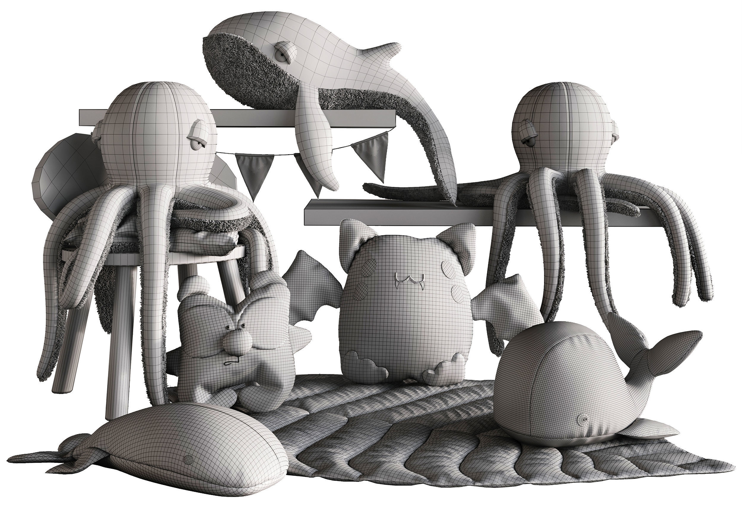 Toys Collection whale on shelf with bunting 3D model_6