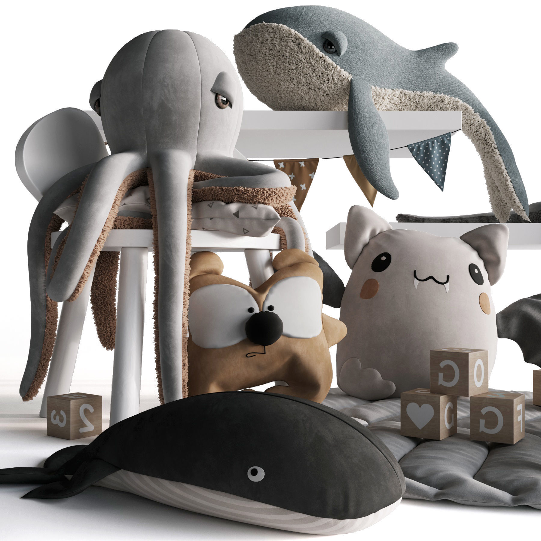 Toys Collection whale on shelf with bunting 3D model_4