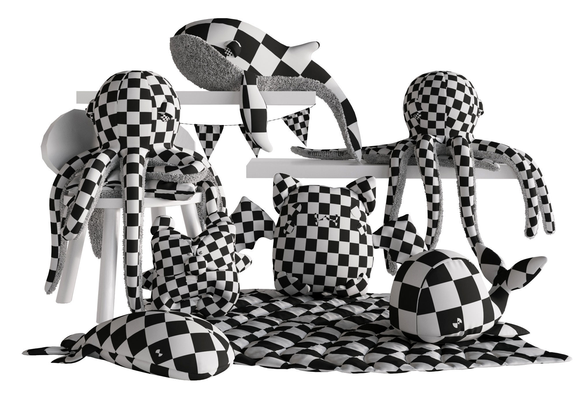 Toys Collection whale on shelf with bunting 3D model_7