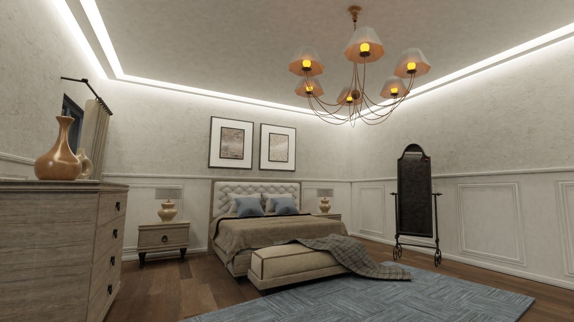 Bedroom Set room with bed and chairs Low-poly 3D model_7