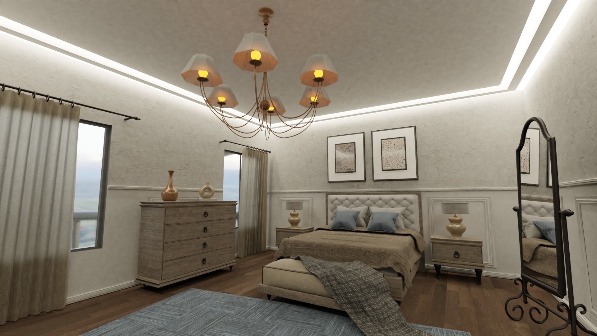 Bedroom Set room with bed and chairs Low-poly 3D model_6