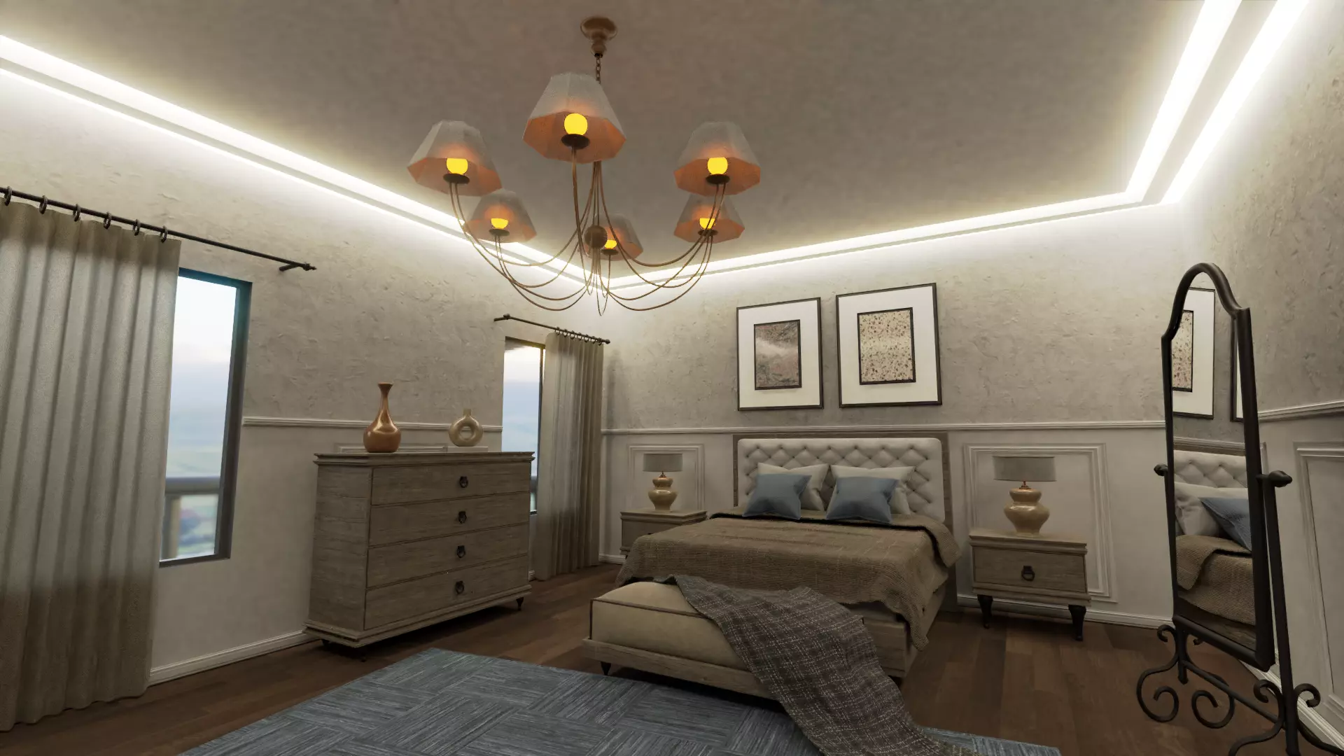 Bedroom Set room with bed and chairs Low-poly 3D model_0