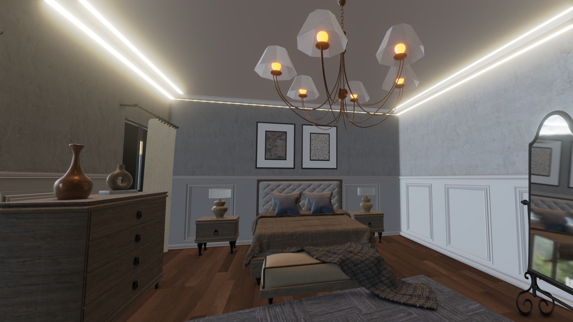 Bedroom Set room with bed and chairs Low-poly 3D model_11