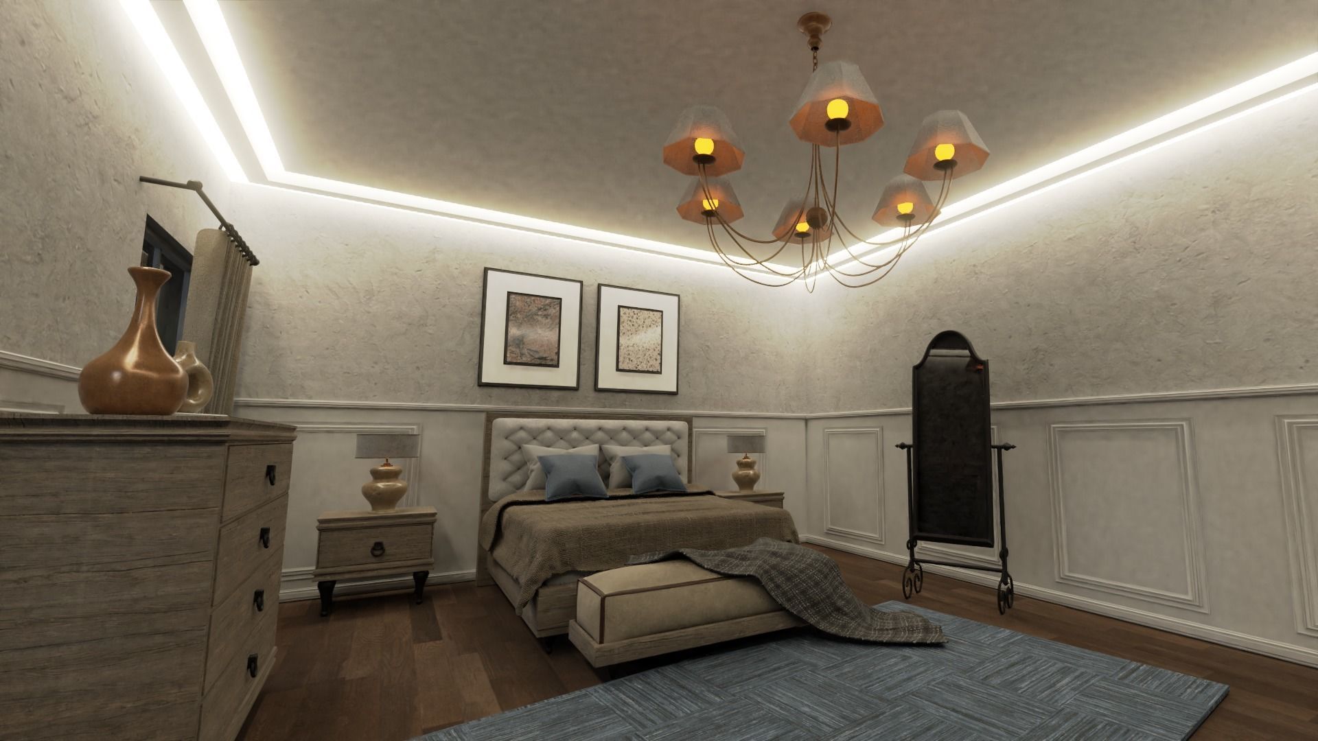 Bedroom Set room with bed and chairs Low-poly 3D model_4