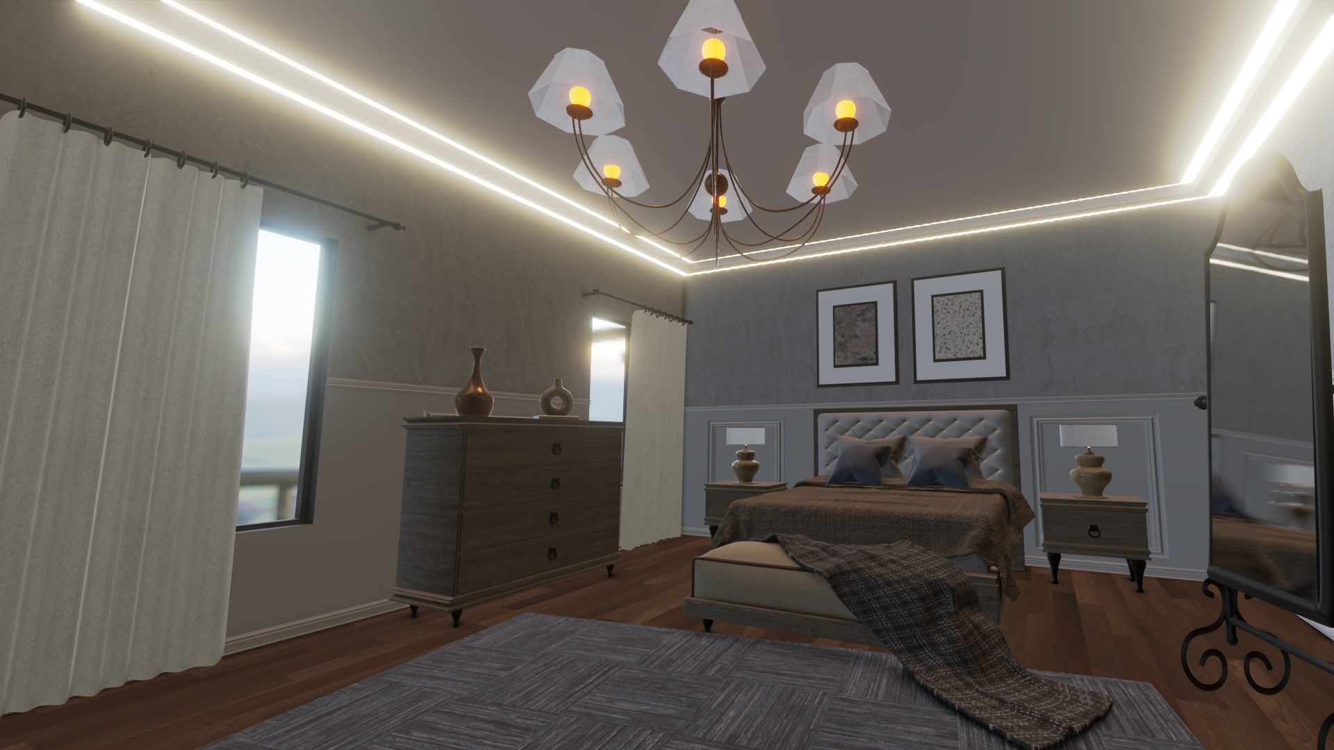 Bedroom Set room with bed and chairs Low-poly 3D model_10