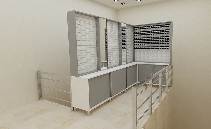 optician eyeglasses store with shelves and railing 3D model