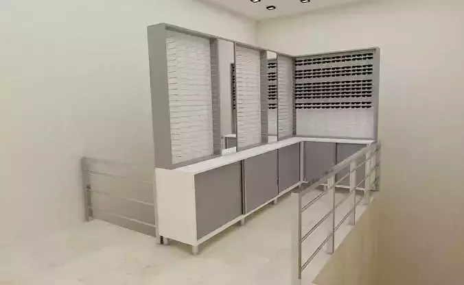 optician eyeglasses store with shelves and railing