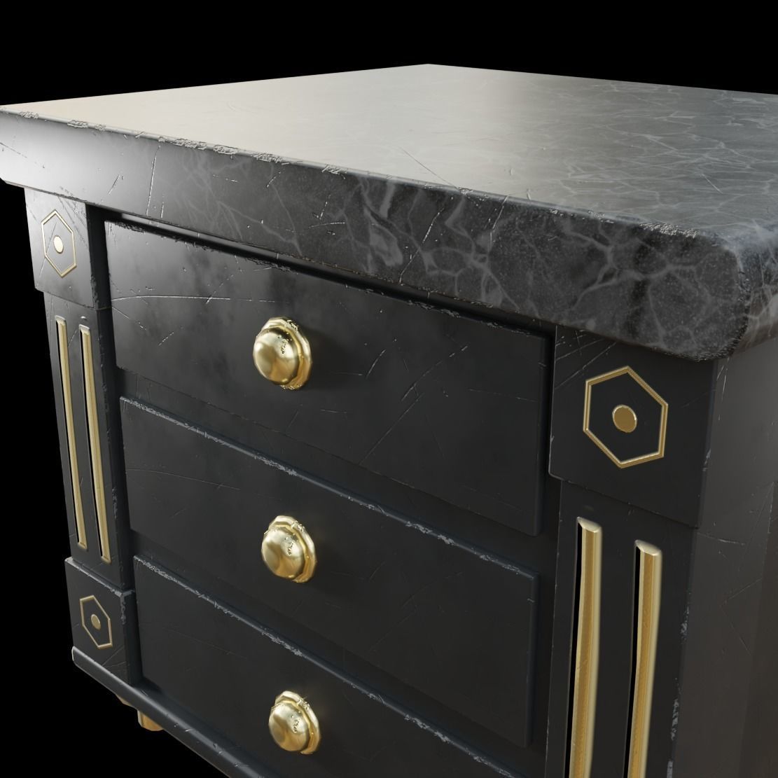 Cabinet nightstand with brass drawers Low-poly 3D model_4