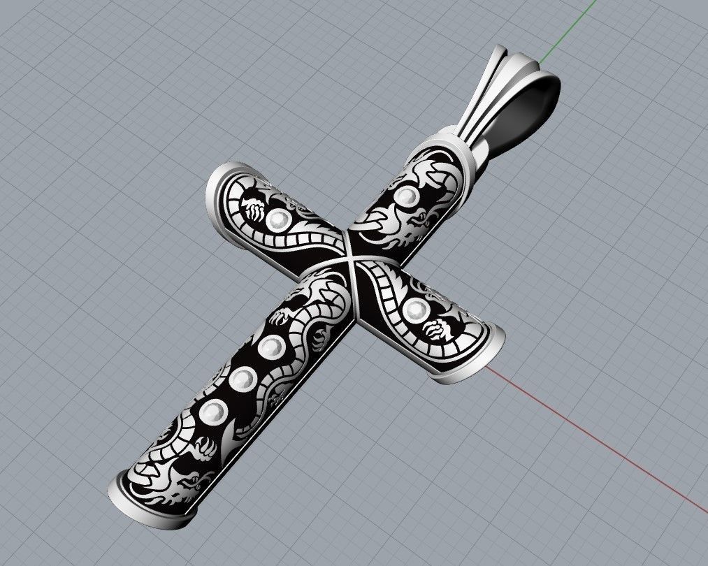 Cross-Dragons-Gems cross pendant in gold and silver 3D print model_5