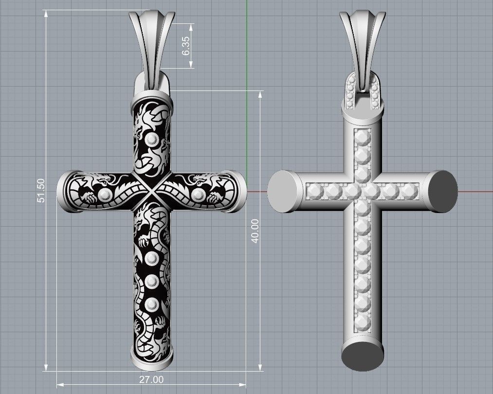 Cross-Dragons-Gems cross pendant in gold and silver 3D print model_4