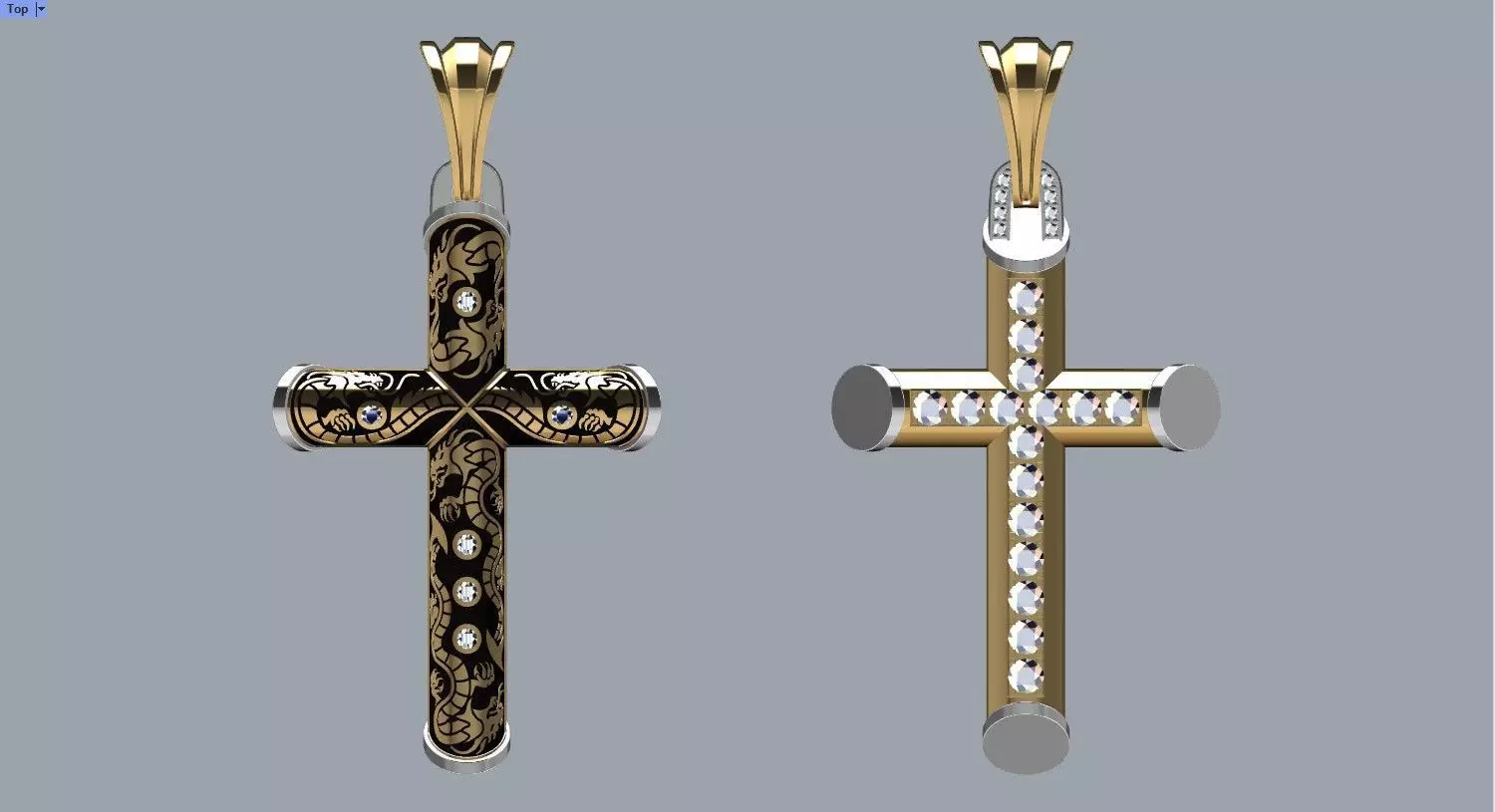 Cross-Dragons-Gems cross pendant in gold and silver 3D print model_0