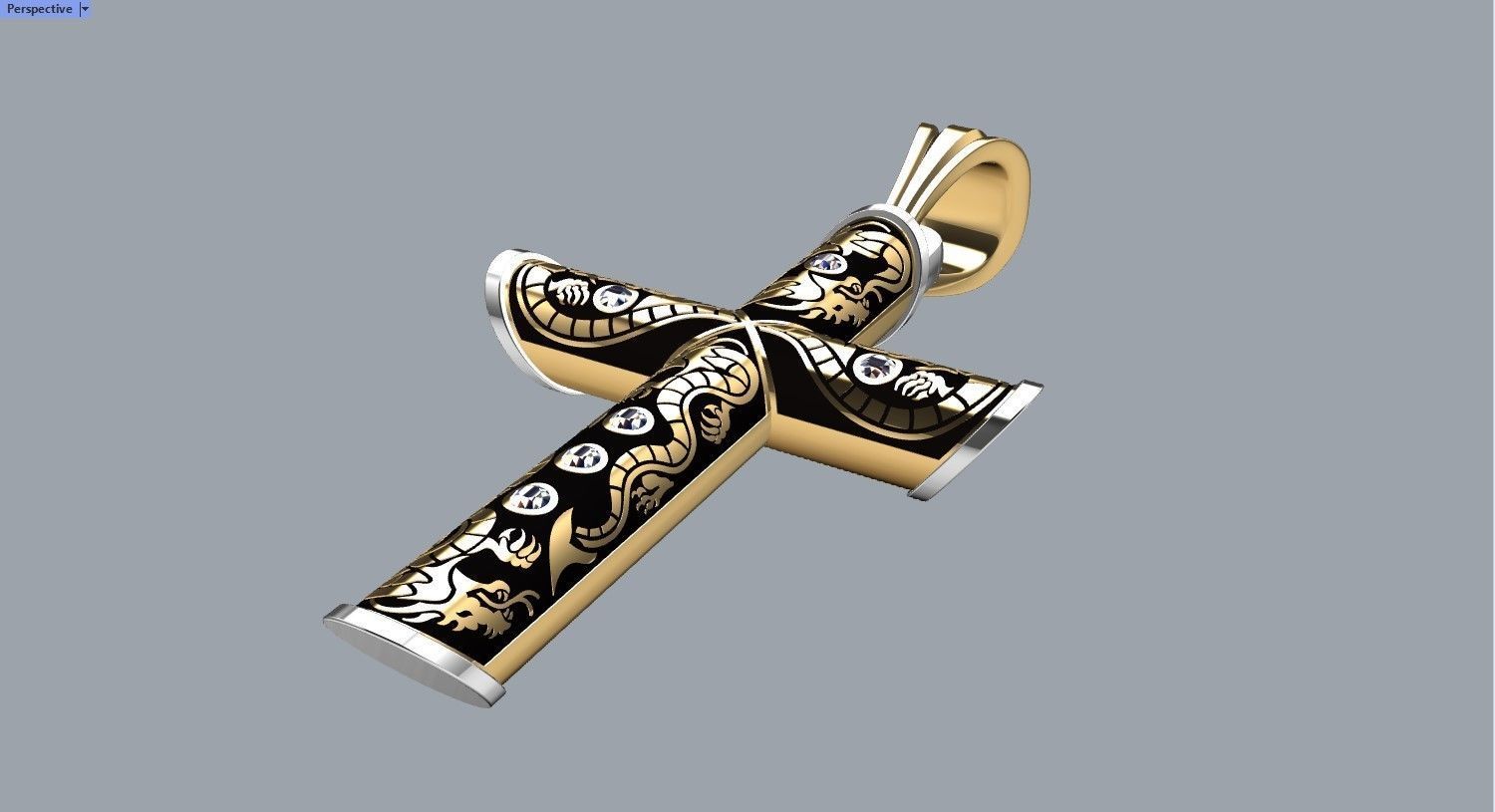 Cross-Dragons-Gems cross pendant in gold and silver 3D print model_1