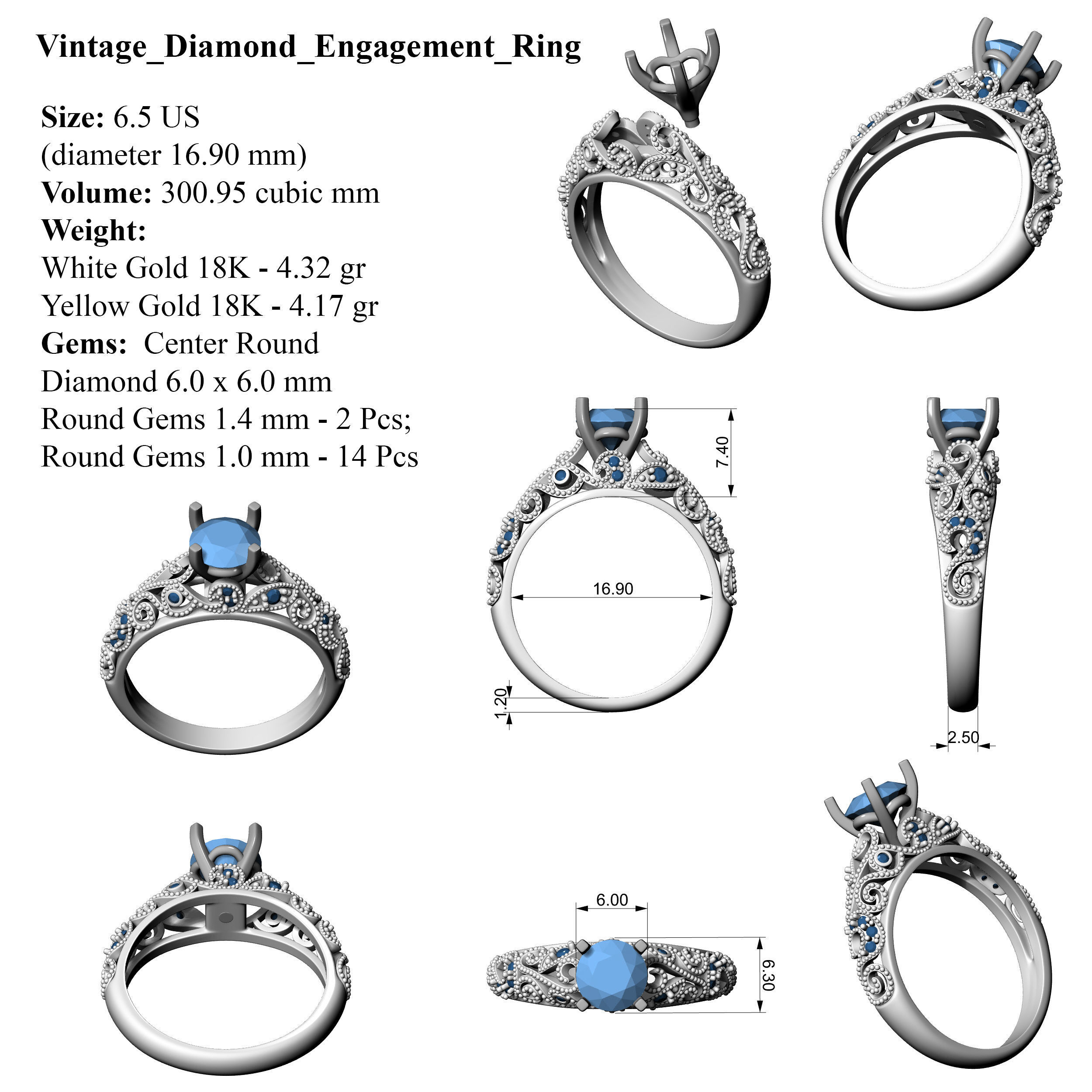 Vintage Diamond Engagement Ring 3D print model_7