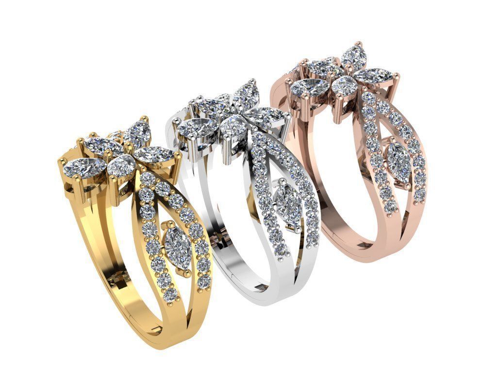 Ring007 diamond flower ring gold 3D print model_4