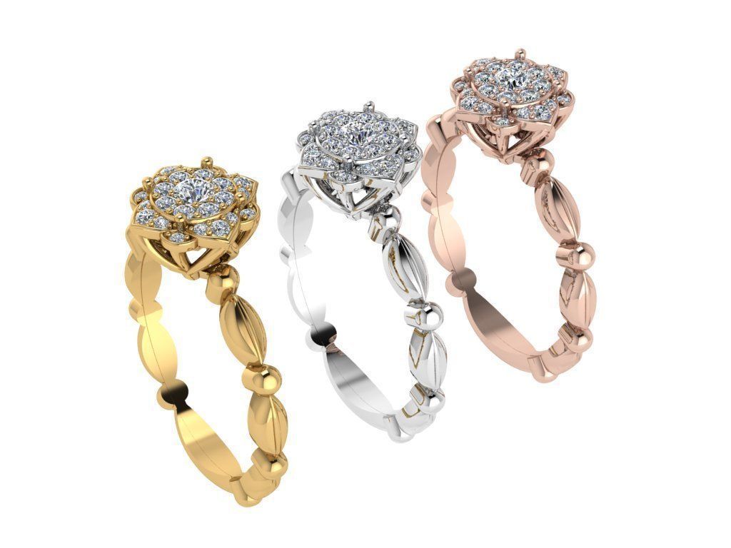 Ring008 gold diamond flower ring 3D print model_4