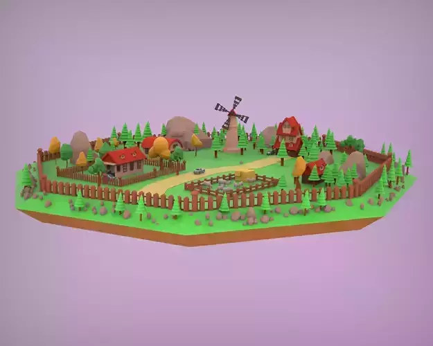 Village with windmill and trees