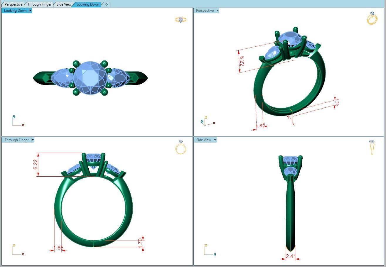 Ring015 gold engagement ring with three stones 3D print model_5
