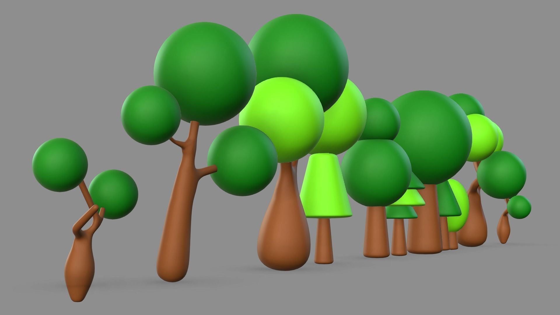 Tree set Low-poly 3D model trees in row Low-poly 3D model_5