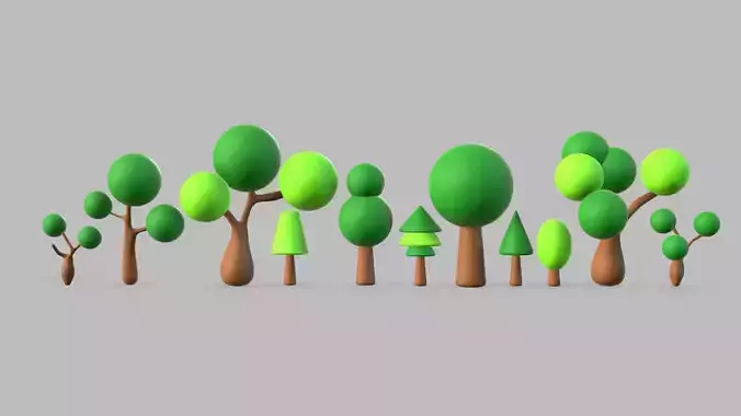 Tree set Low-poly 3D model trees in row