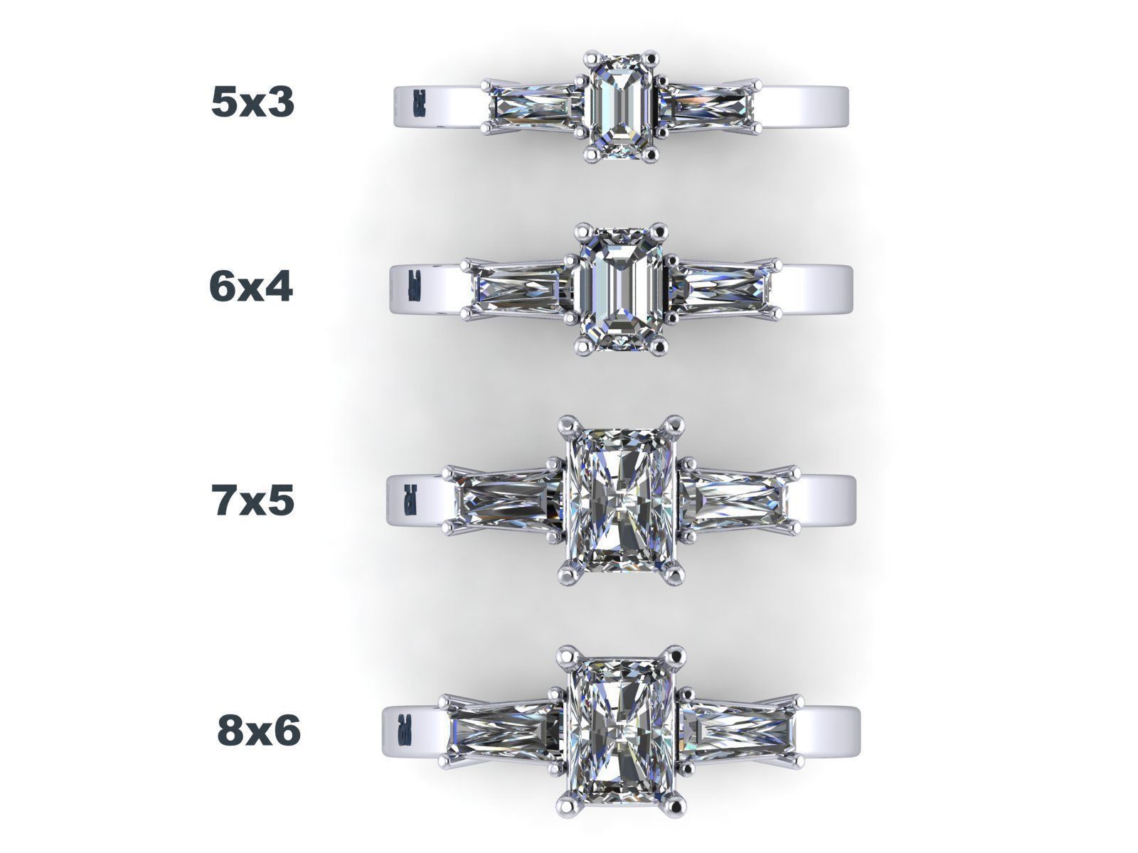 Solitaire Engagement Ring - Emerald Cut and Tapered Baguettes  3D print model_6