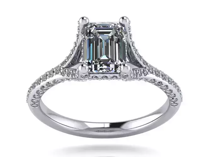 Emerald Cut Ring - Diamonds Shank Shoulders - Various Stone Size