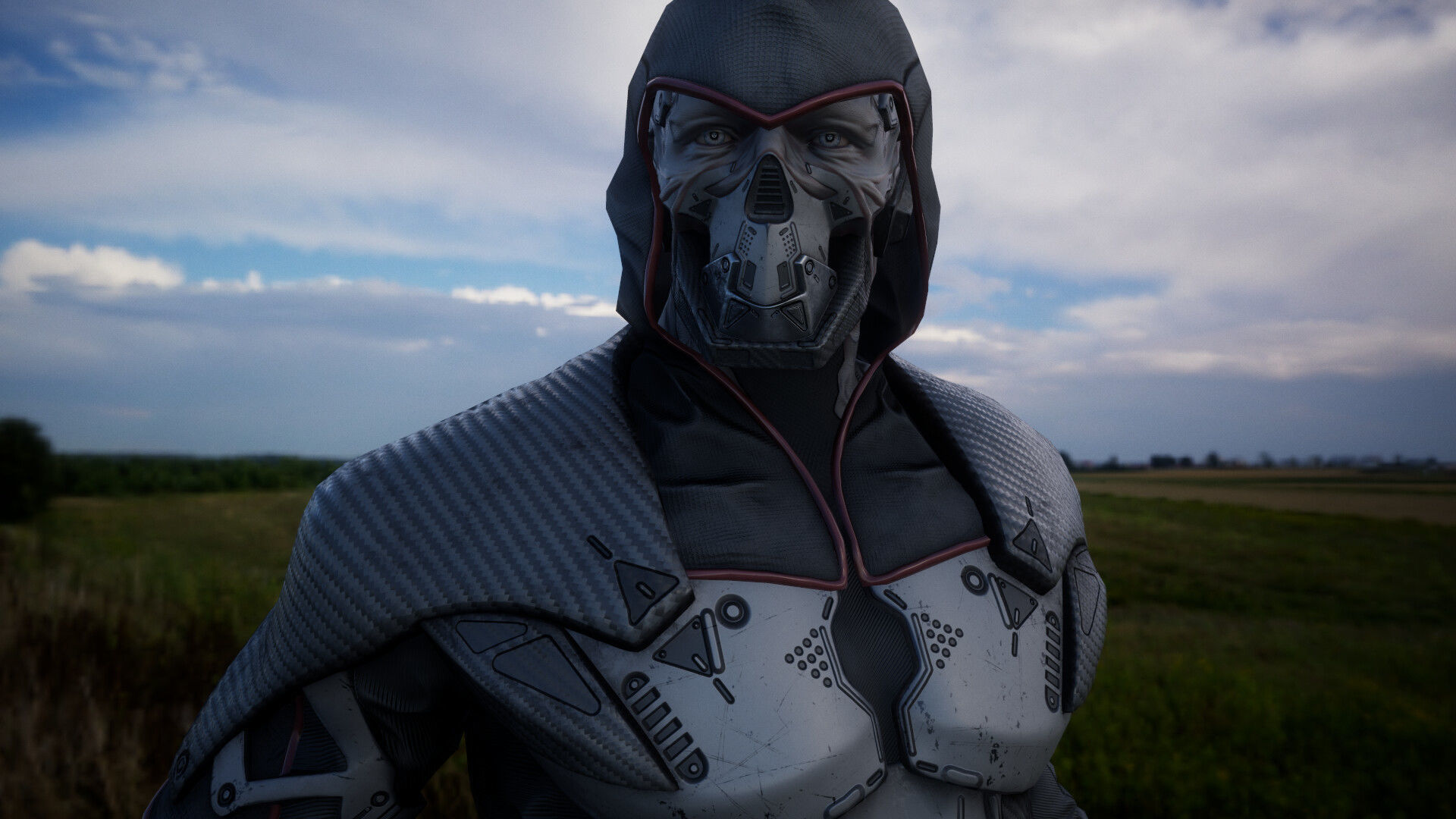Cyborg futuristic man in field Low-poly 3D model_1