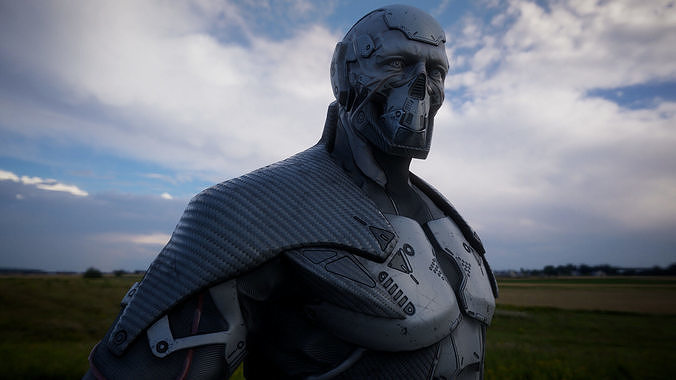 Cyborg futuristic man in field Low-poly 3D model