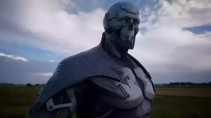 Cyborg futuristic man in field