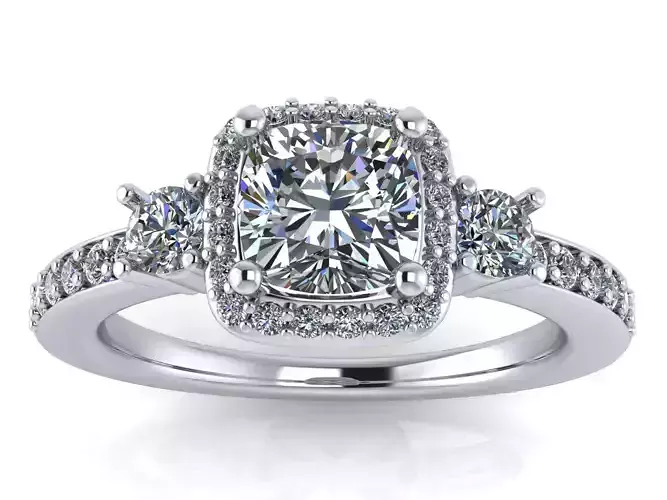 Engagement Trilogy Ring - Cushion Cut Halo and Round Side Stones