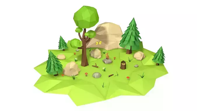 Low-poly forest island with trees and bushes