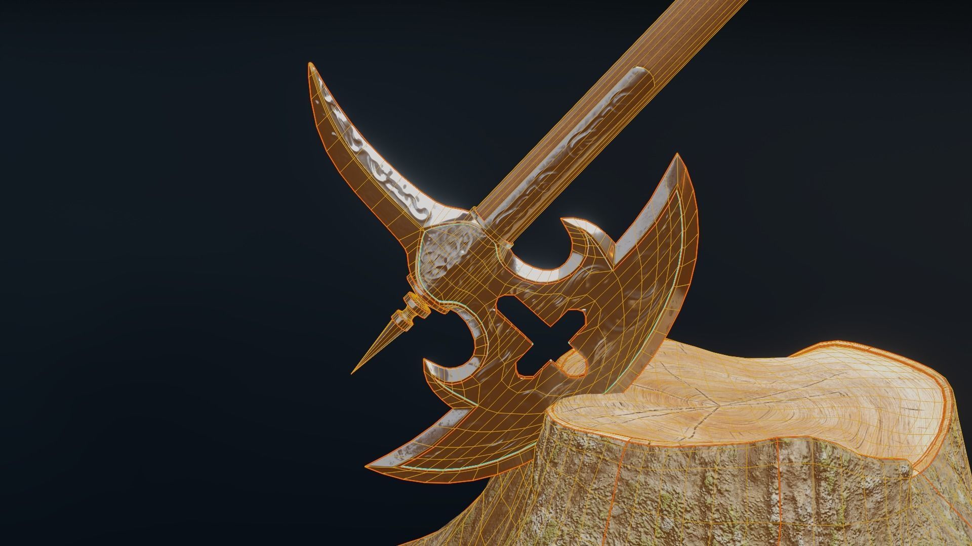 Low Poly Medieval Battle Axe with stump 3D Model PBR 3D model Low-poly 3D model_11