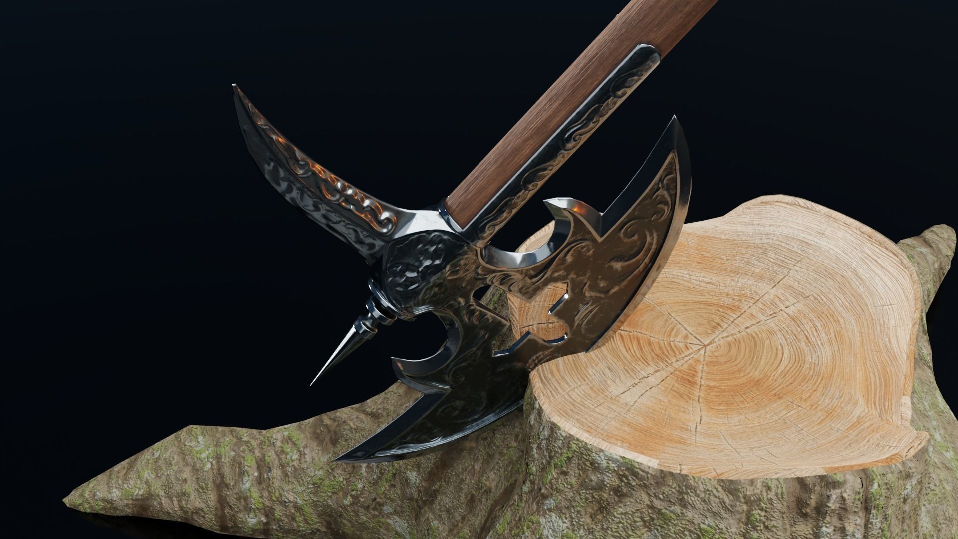 Low Poly Medieval Battle Axe with stump 3D Model PBR 3D model Low-poly 3D model_6
