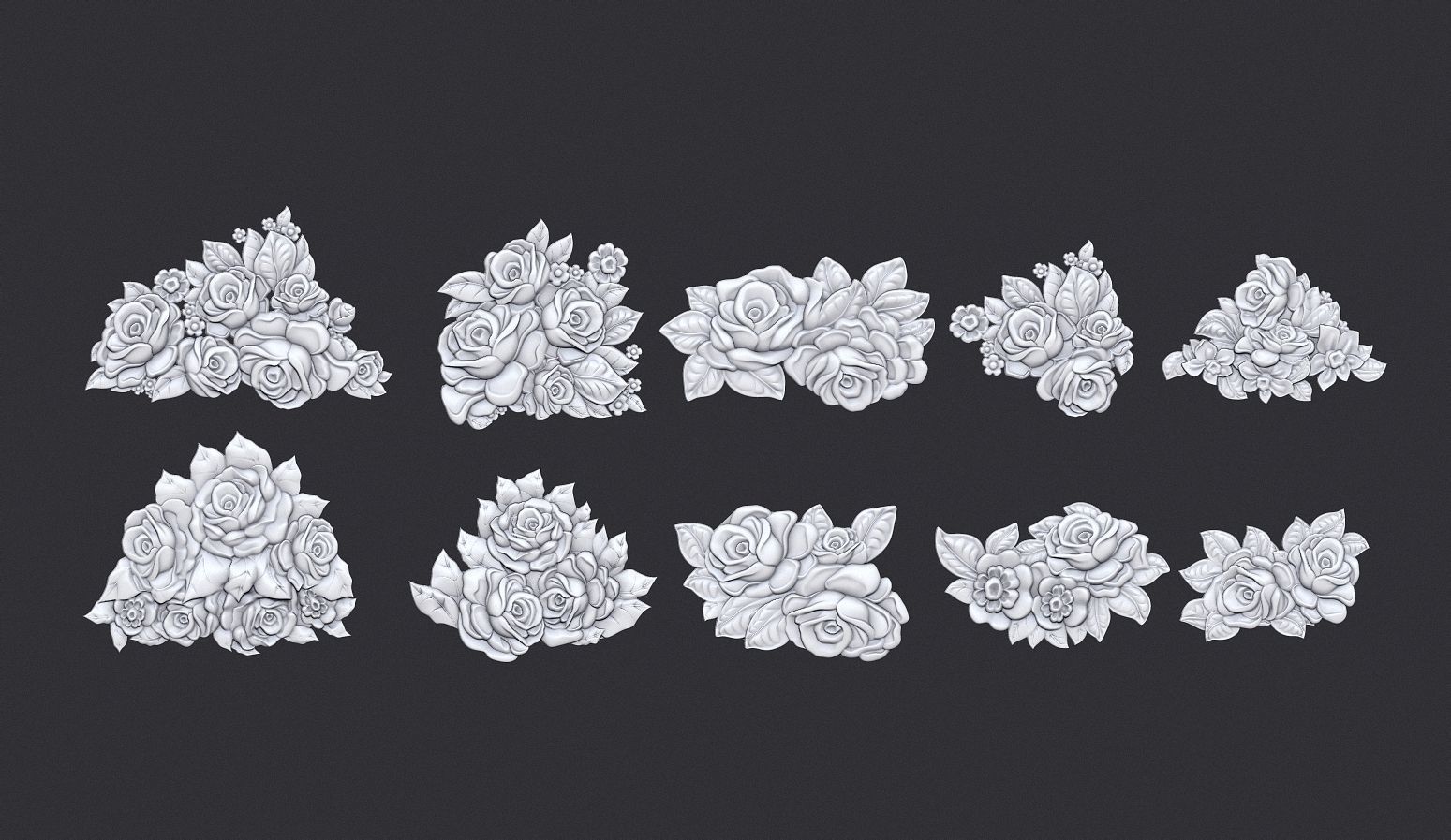 Bouquet of roses bas relief set 3D print model_17