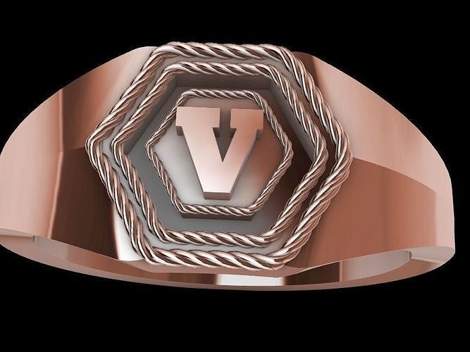 v alphabet hexagon signet ring stl verified  3D print model