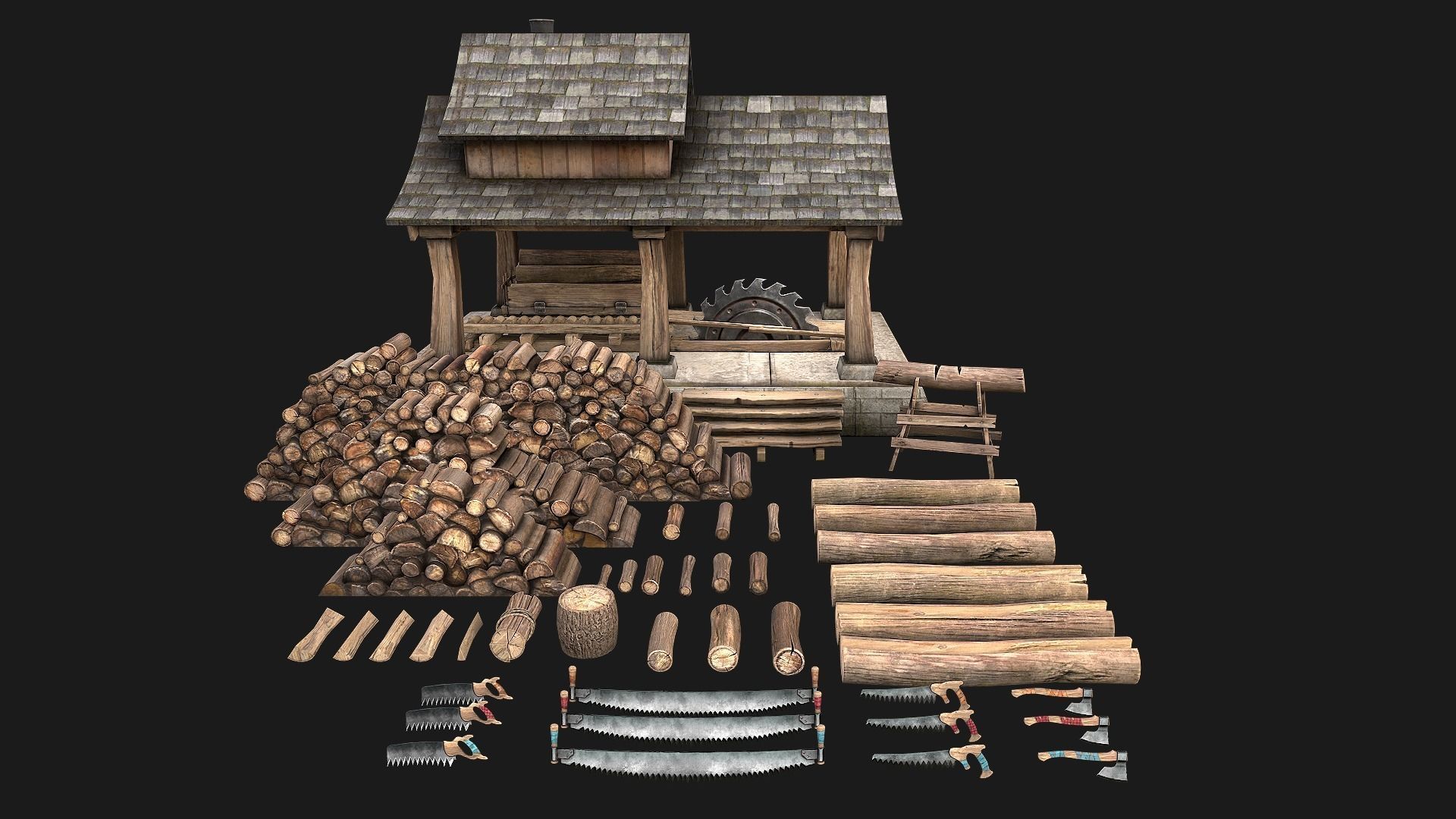 Sawmill and Lumberjack Set Low-poly 3D model_2