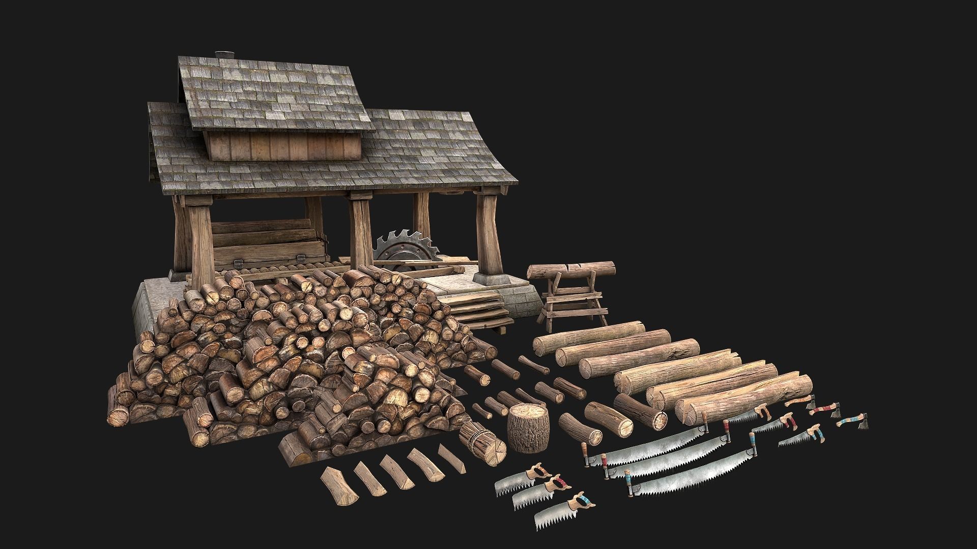 Sawmill and Lumberjack Set Low-poly 3D model_3