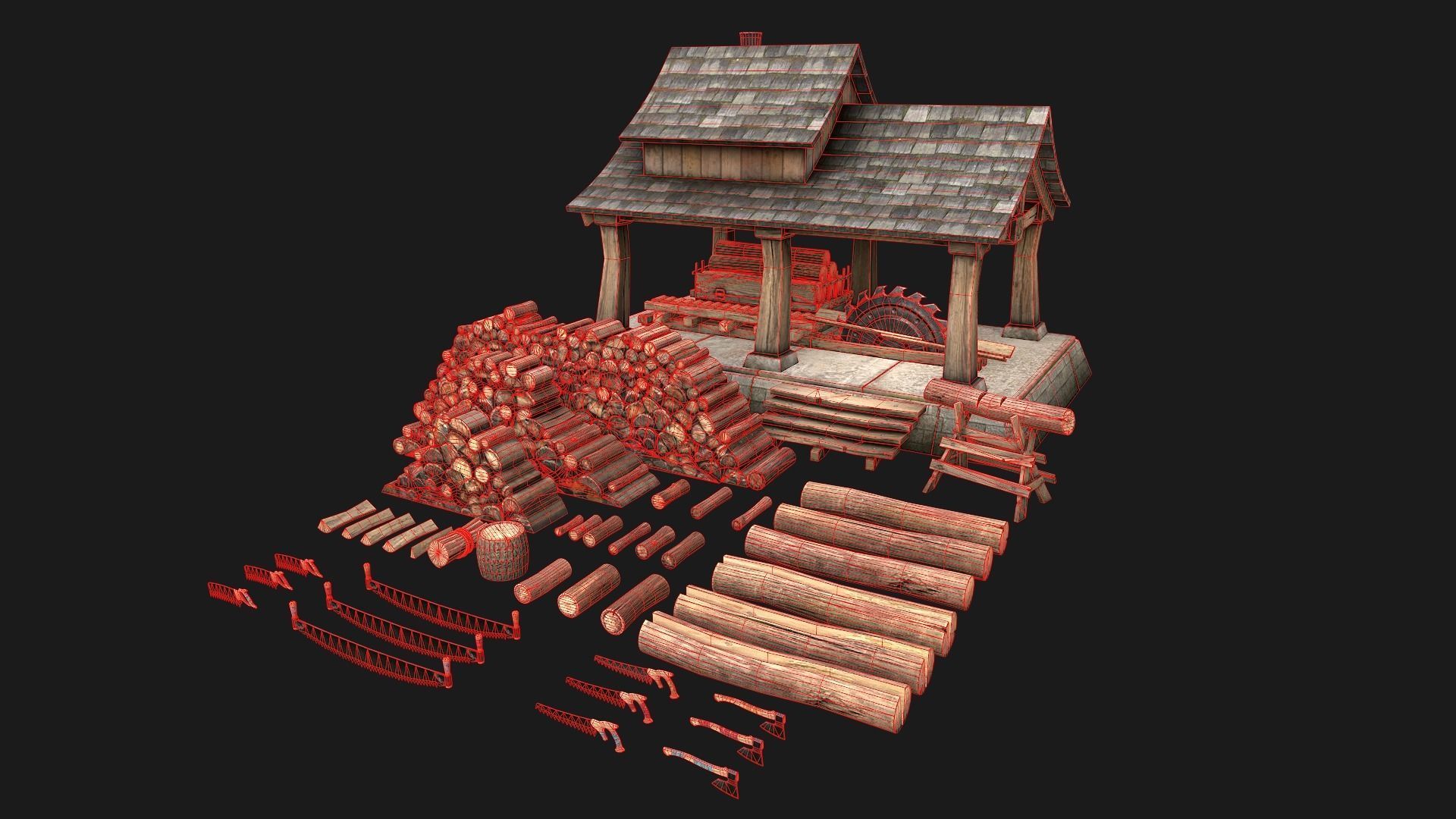Sawmill and Lumberjack Set Low-poly 3D model_5