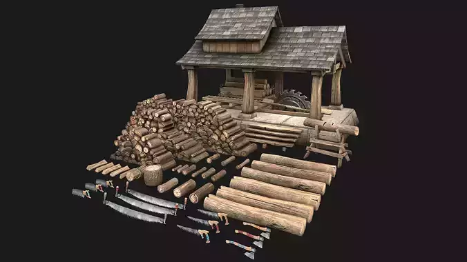 Sawmill and Lumberjack Set Low-poly 3D model