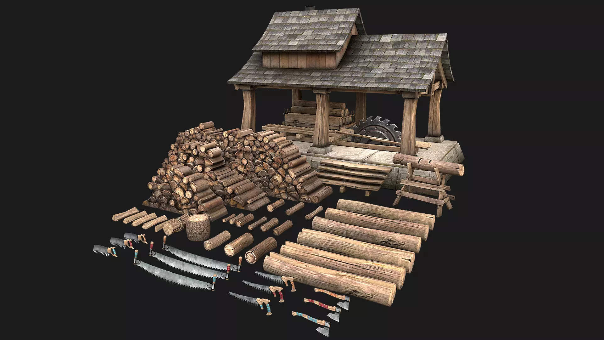 Sawmill and Lumberjack Set Low-poly 3D model_0