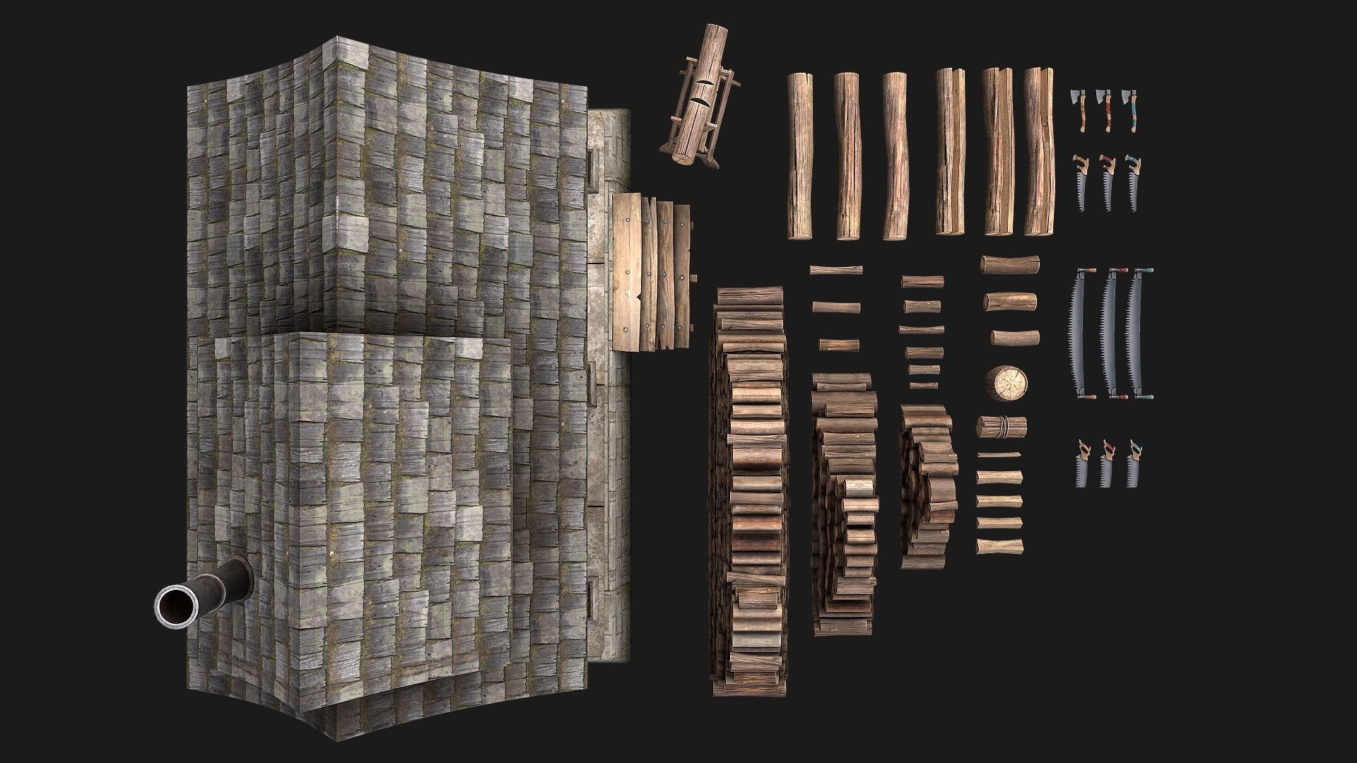 Sawmill and Lumberjack Set Low-poly 3D model_4