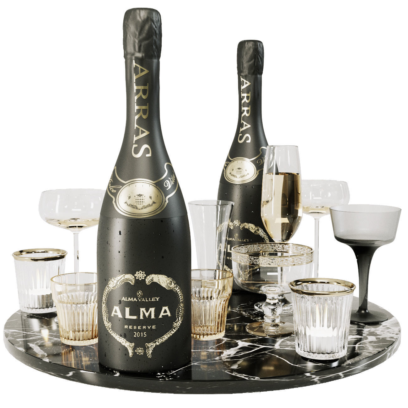 Alcoholic set of elite sparkling wine and a glass 3D model_1