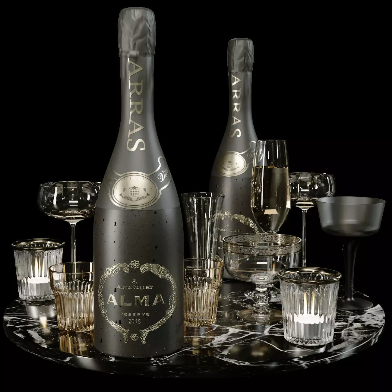Alcoholic set of elite sparkling wine and a glass 3D model_0