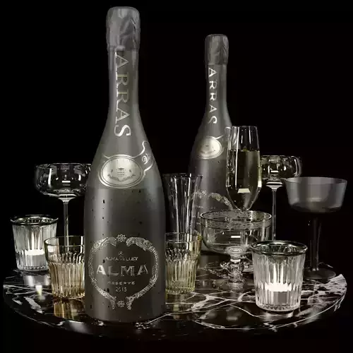 Alcoholic set of elite sparkling wine and a glass