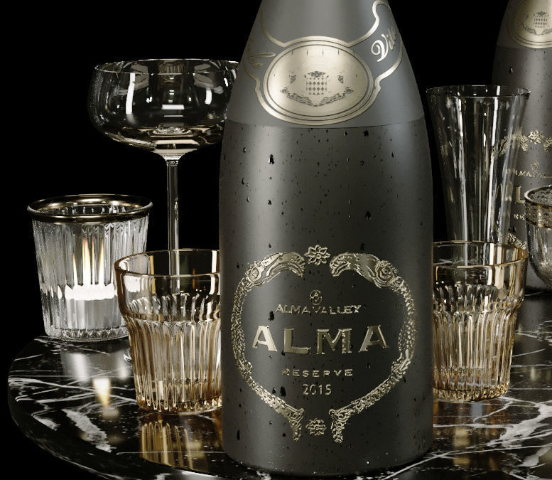 Alcoholic set of elite sparkling wine and a glass 3D model_4