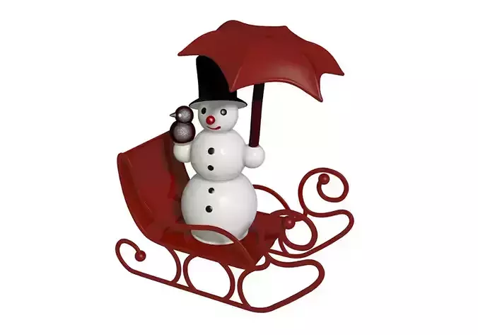 Snowman on a sleigh with an umbrella and a bird 3D model