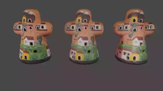 3D Scane of Ornate crucifix with houses on the mountain