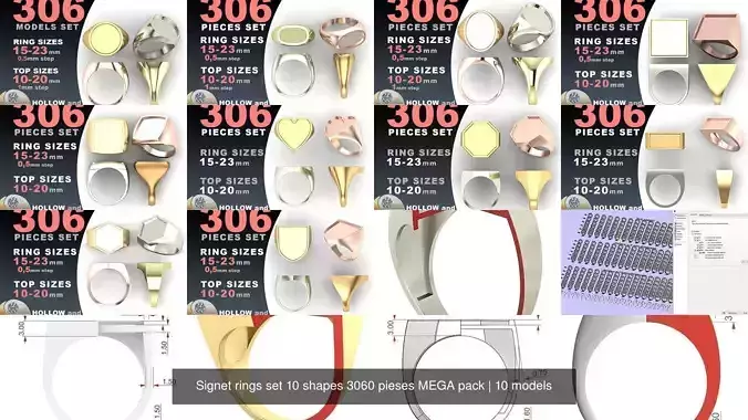 Signet rings set 10 shapes 3060 pieses MEGA pack