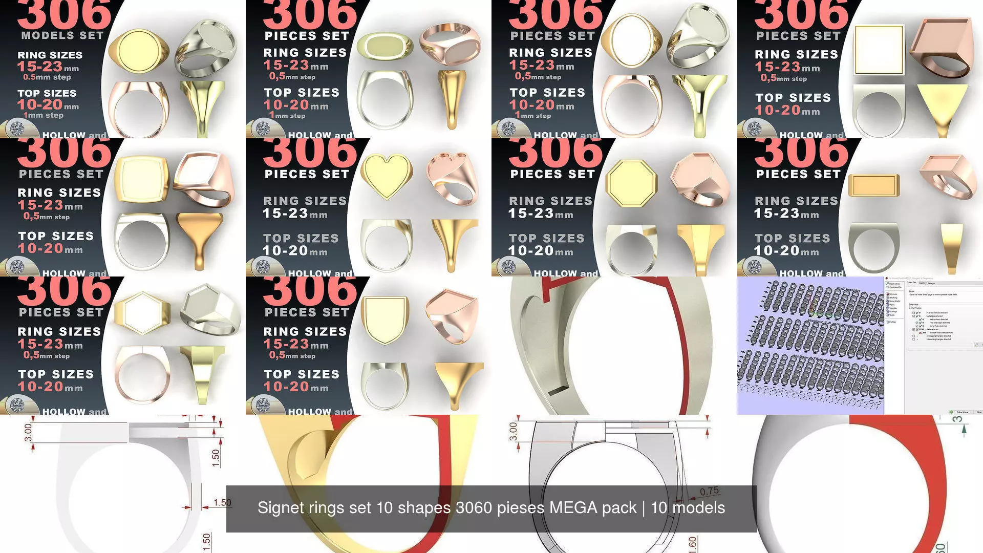 Signet rings set 10 shapes 3060 pieses MEGA pack 3D Model Collection_1