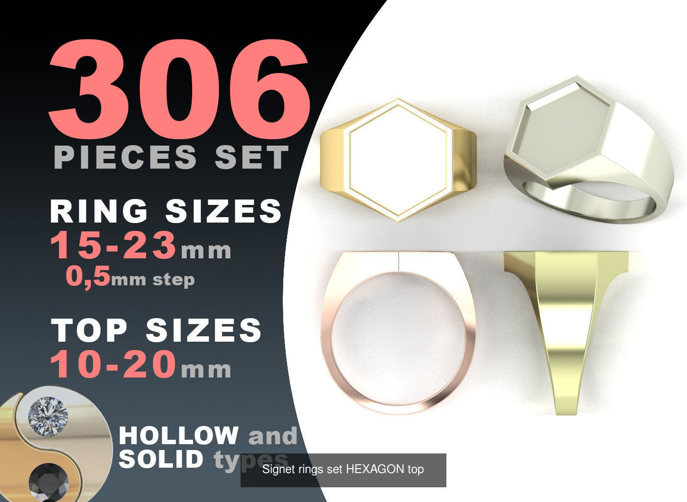 Signet rings set 10 shapes 3060 pieses MEGA pack 3D Model Collection_10